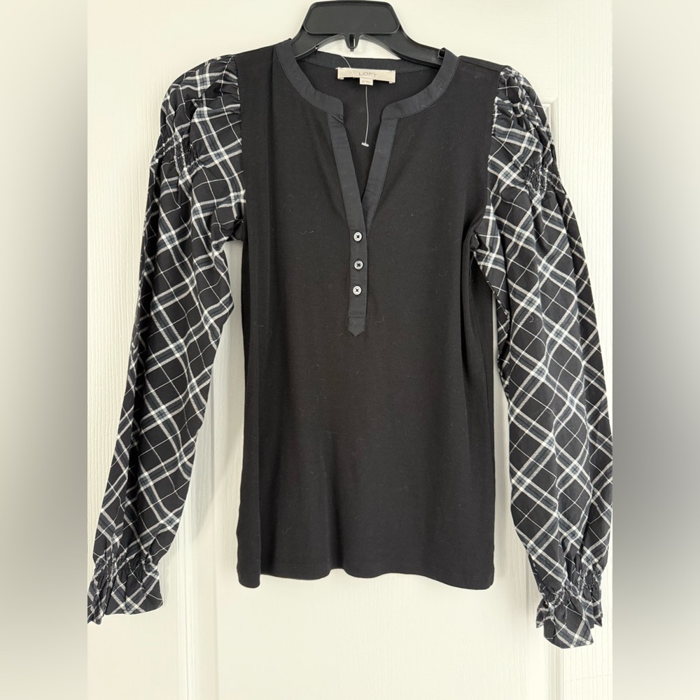 LOFT Black Top with Plaid Sleeves